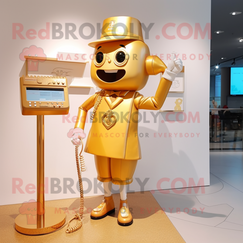 Gold Phone mascot costume character dressed with a A-Line Skirt and Suspenders Gold Phone mascot costume character dressed with a A-Line Skirt and Suspenders
