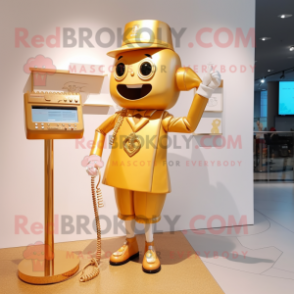 Gold Phone mascot costume character dressed with a A-Line Skirt and Suspenders