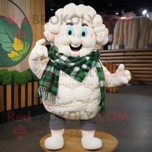 White Cauliflower mascot costume character dressed with a Flannel Shirt and Shawl pins