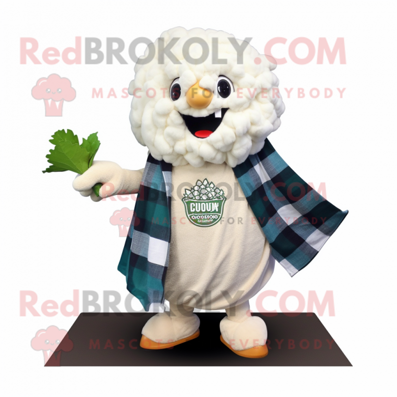 White Cauliflower mascot costume character dressed with a Flannel Shirt and Shawl pins