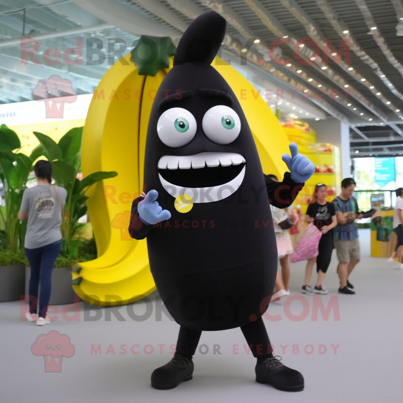 Black Banana mascot costume character dressed with a Skinny Jeans and Coin purses Black Banana mascot costume character dressed with a Skinny Jeans and Coin purses