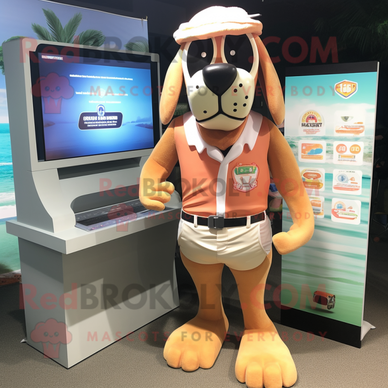 Peach Dog mascot costume character dressed with a Board Shorts and Cufflinks