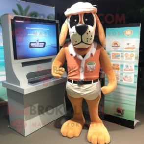 Peach Dog mascot costume character dressed with a Board Shorts and Cufflinks