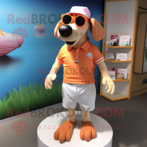 Peach Dog mascot costume character dressed with a Board Shorts and Cufflinks