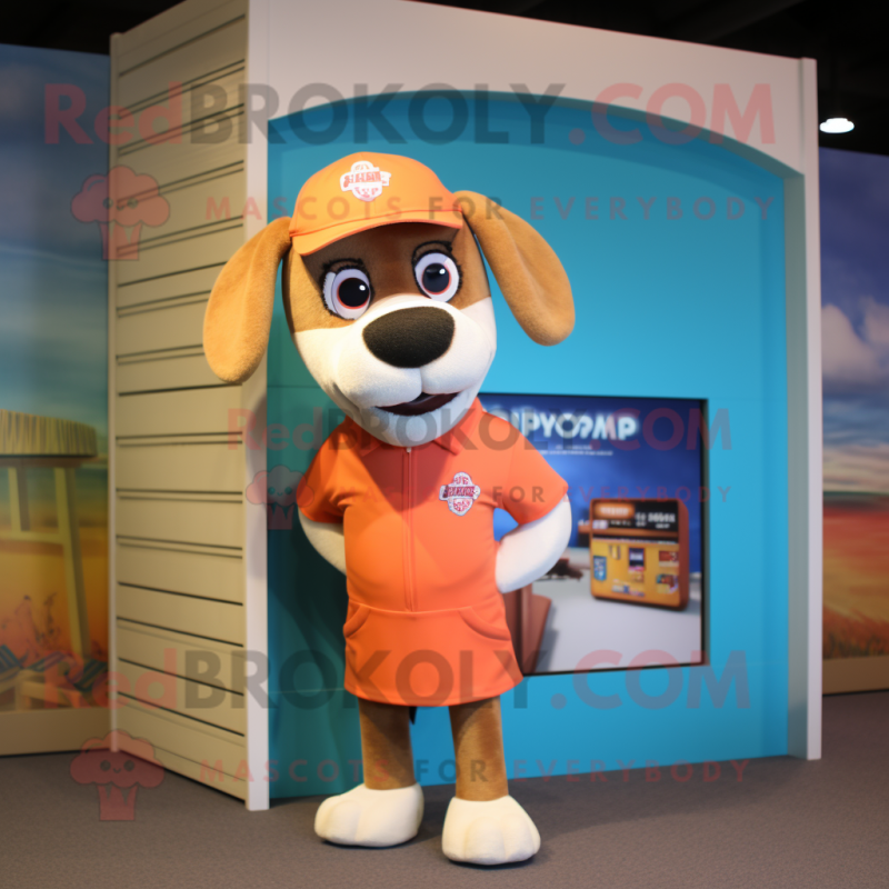 Peach Dog mascot costume character dressed with a Board Shorts and Cufflinks