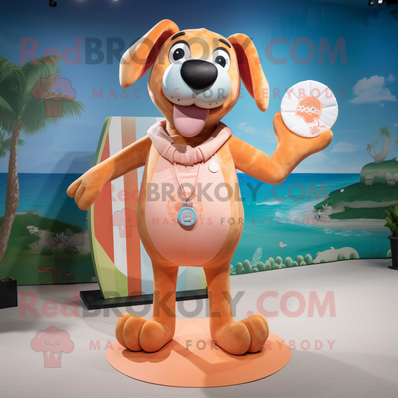 Peach Dog mascot costume character dressed with a Board Shorts and Cufflinks