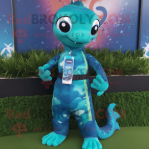 Turquoise Loch Ness Monster mascot costume character dressed with a Rash Guard and Smartwatches
