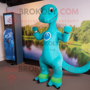 Turquoise Loch Ness Monster mascot costume character dressed with a Rash Guard and Smartwatches