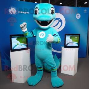 Turquoise Loch Ness Monster mascot costume character dressed with a Rash Guard and Smartwatches