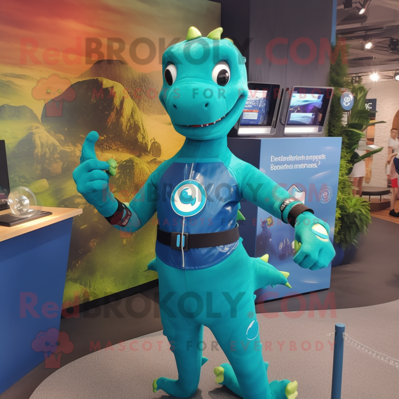 Turquoise Loch Ness Monster mascot costume character dressed with a Rash Guard and Smartwatches