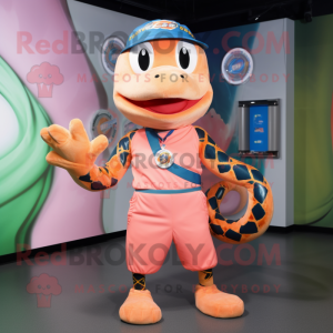 Peach Python mascot costume character dressed with a Bermuda Shorts and Rings