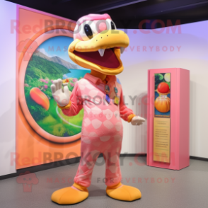 Peach Python mascot costume character dressed with a Bermuda Shorts and Rings