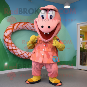 Peach Python mascot costume character dressed with a Bermuda Shorts and Rings