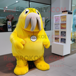 Lemon Yellow Walrus mascot costume character dressed with a Shorts and Keychains