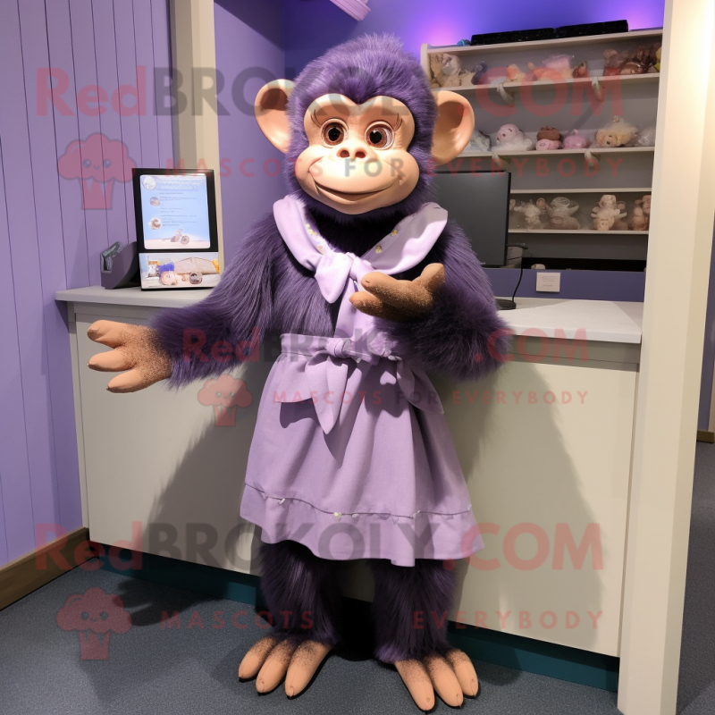 Lavender Chimpanzee mascot costume character dressed with a Wrap Skirt and Hair clips