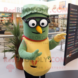 Olive Paella mascot costume character dressed with a Sweater and Reading glasses
