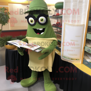 Olive Paella mascot costume character dressed with a Sweater and Reading glasses