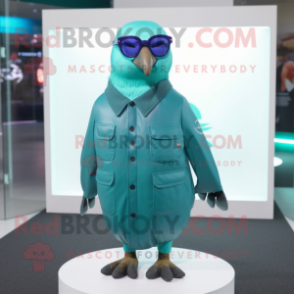 Teal Pigeon mascot costume character dressed with a Coat and Sunglasses