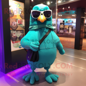 Teal Pigeon mascot costume character dressed with a Coat and Sunglasses
