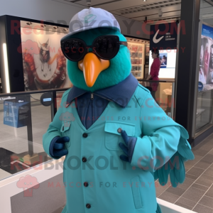 Teal Pigeon mascot costume character dressed with a Coat and Sunglasses