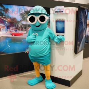 Teal Camera mascot costume character dressed with a Board Shorts and Digital watches