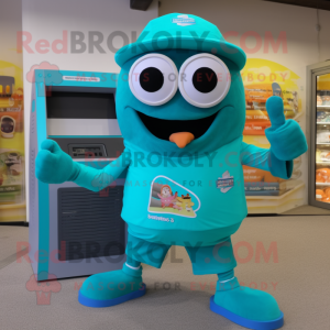 Teal Camera mascot costume character dressed with a Board Shorts and Digital watches