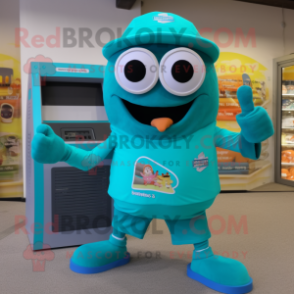 Teal Camera mascot costume character dressed with a Board Shorts and Digital watches