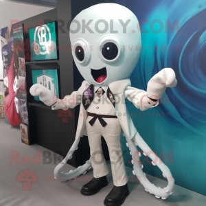 White Kraken mascot costume character dressed with a Blazer and Hair clips