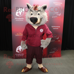 Maroon Wild Boar mascot costume character dressed with a Henley Shirt and Tie pins