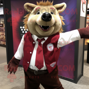 Maroon Wild Boar mascot costume character dressed with a Henley Shirt and Tie pins