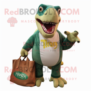 nan T Rex mascot costume character dressed with a Henley Tee and Handbags