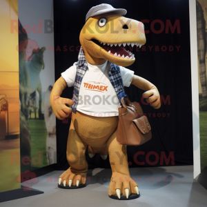 nan T Rex mascot costume character dressed with a Henley Tee and Handbags