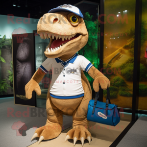 nan T Rex mascot costume character dressed with a Henley Tee and Handbags