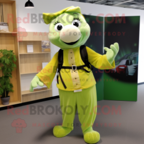 Lime Green Ermine mascot costume character dressed with a Chinos and Belts