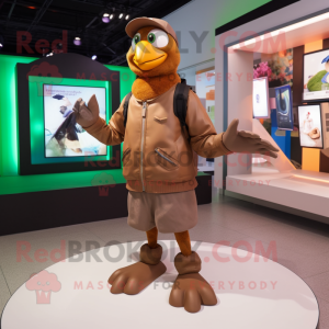 Brown Pigeon mascot costume character dressed with a Windbreaker and Watches