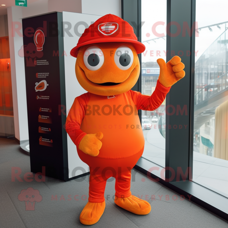 Red Orange mascot costume character dressed with a Turtleneck and Caps Red Orange mascot costume character dressed with a Turtleneck and Caps