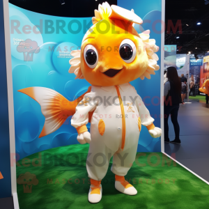 Cream Goldfish mascot costume character dressed with a Playsuit and Earrings