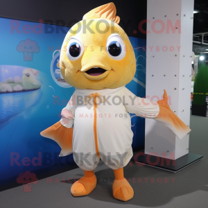 Cream Goldfish mascot costume character dressed with a Playsuit and Earrings