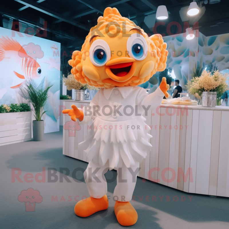 Cream Goldfish mascot costume character dressed with a Playsuit and Earrings