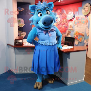 Blue Wild Boar mascot costume character dressed with a Pencil Skirt and Earrings