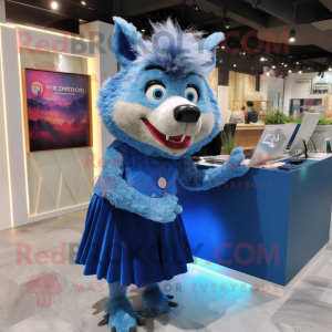 Blue Wild Boar mascot costume character dressed with a Pencil Skirt and Earrings