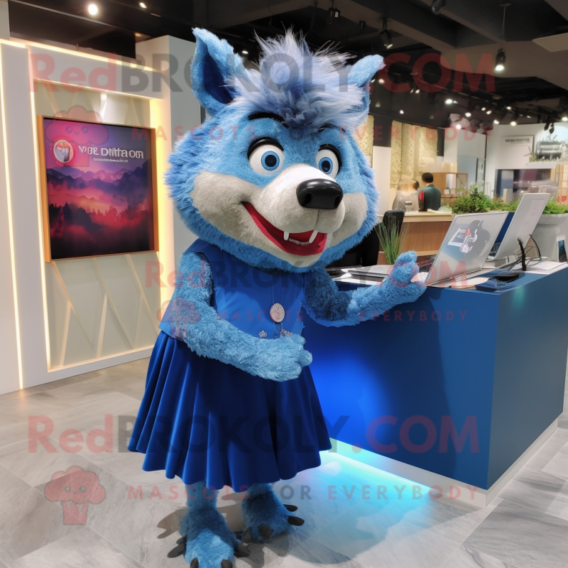 Blue Wild Boar mascot costume character dressed with a Pencil Skirt and Earrings Blue Wild Boar mascot costume character dressed with a Pencil Skirt and Earrings