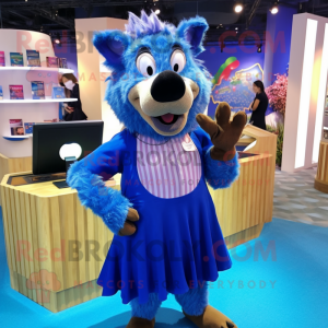 Blue Wild Boar mascot costume character dressed with a Pencil Skirt and Earrings