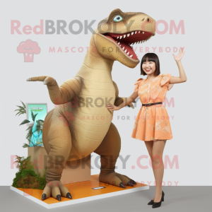 Tan Tyrannosaurus mascot costume character dressed with a Shift Dress and Foot pads