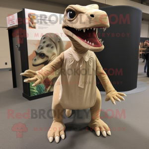 Tan Tyrannosaurus mascot costume character dressed with a Shift Dress and Foot pads