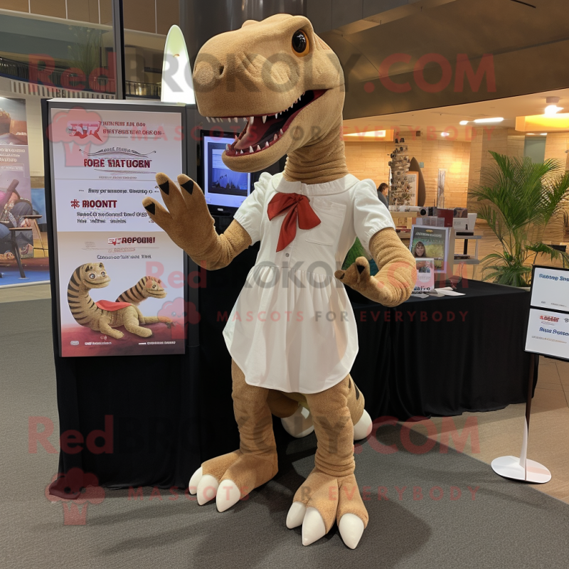 Tan Tyrannosaurus mascot costume character dressed with a Shift Dress and Foot pads