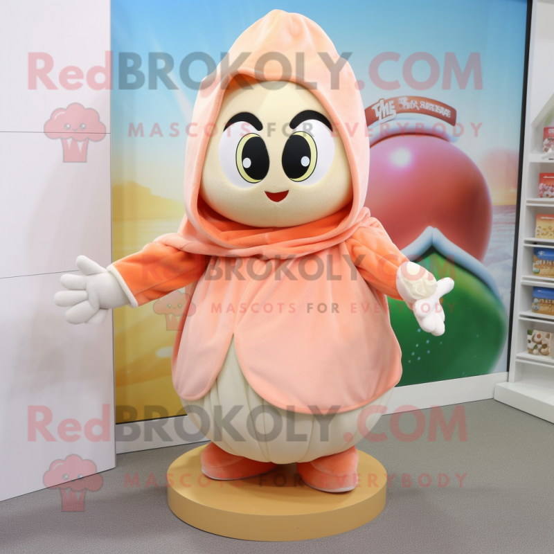 Peach Oyster mascot costume character dressed with a Hoodie and Shawls Peach Oyster mascot costume character dressed with a Hoodie and Shawls