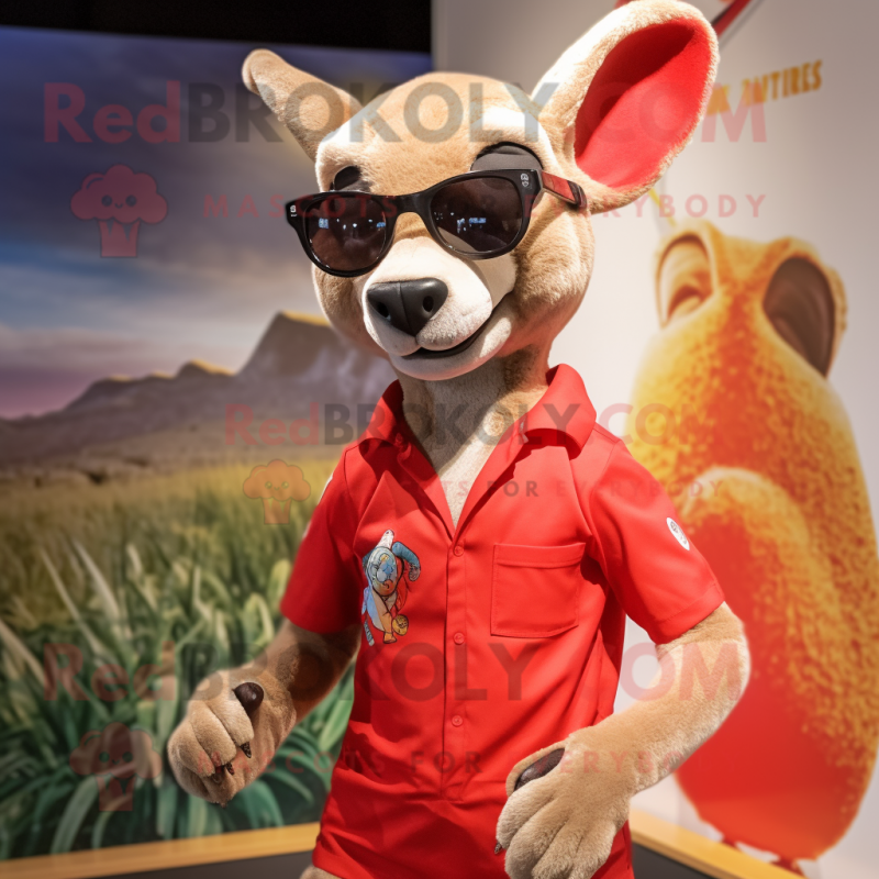 Red Kangaroo mascot costume character dressed with a Rash Guard and Sunglasses Red Kangaroo mascot costume character dressed with a Rash Guard and Sunglasses