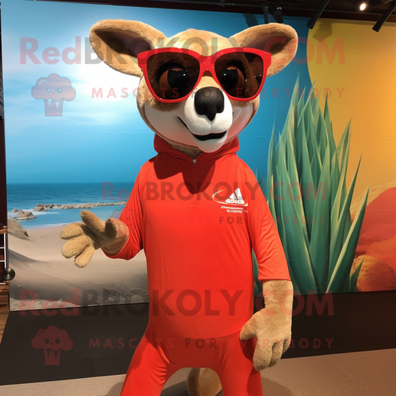 Red Kangaroo mascot costume character dressed with a Rash Guard and Sunglasses