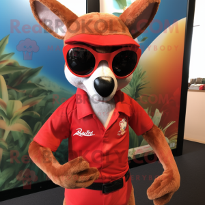 Red Kangaroo mascot costume character dressed with a Rash Guard and Sunglasses